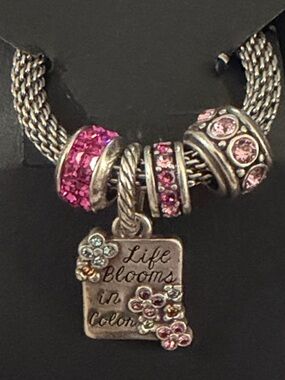 💐 BRIGHTON Silver Charm Bracelet 🌸 Pink Crystal Accents ‘Life Blooms in Color’